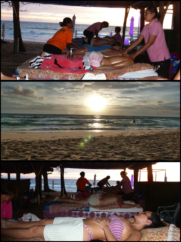 É lógico, a típica massagem, só que dessa vez na praia, no pôr do sol. Of course, tipical massage, but this time on the sunset, on the beach.