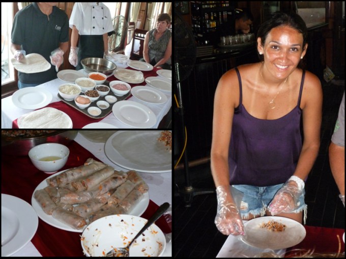 Aprendendo a fazer Rolinho Primavera, o típico do Vietnã. Um pouco diferente do tradicional, o papel de arroz é mais fininho. Delícia!! Learning how to do Spring Roll, the one typical in Vietnam. A bit different from the traditional one, the rice paper is a bit thinner. Yummy!!!
