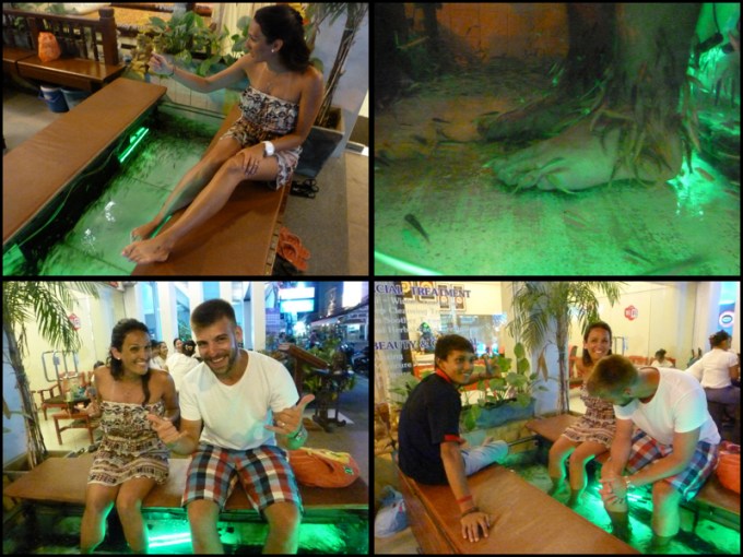 De novo, pra aguentar tudo isso só mesmo uma massagem. Peraí!!! Fish pedicure dessa vez. Eu quis muito experimentar. Fiz 4 segundos e quase morri de tanto rir!!! Tossi, engasguei, quase caí do banco. Muita cócegas. O Arthur adorou! Ficou lá tranquilo. Até filmei. Olhem o vídeo: Again, to handle all of this only doing a massage. Wait!! Fish pedicure?